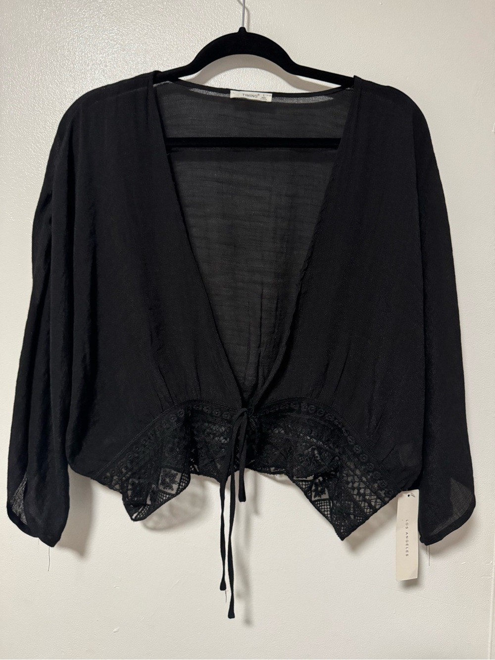 Timing Black Tie-Front Cropped Blouse with Lace Hem